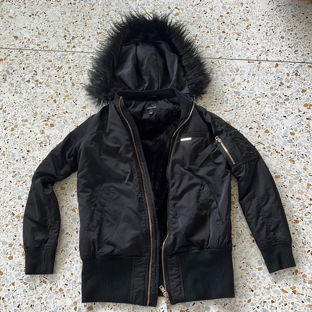 Members Only black coat with fur hood